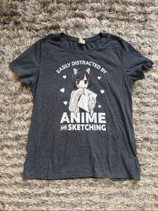 no brand Tops - Easily Distracted by Anime and Sketching Graphic Tee - Dark Gray Women’s M